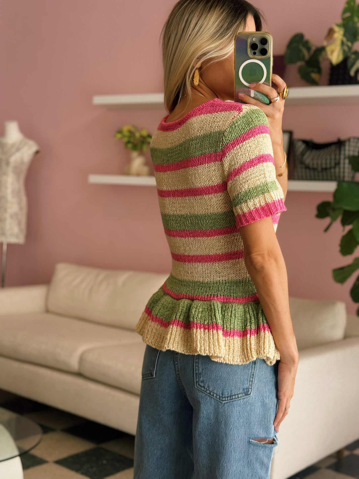 Pink Green Peplum Knit Top