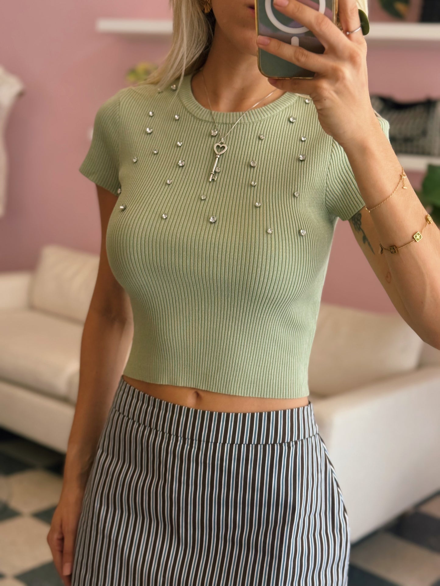 Sage Rhinestone Top