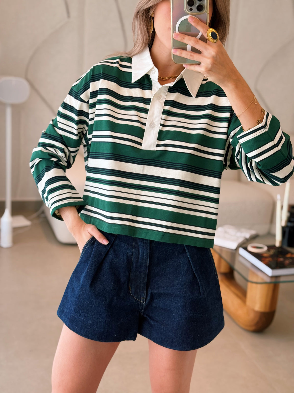 Striped Long Sleeve Collar Cropped Top