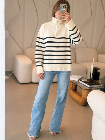 Black Striped Mock Neck Knit Sweater Top
