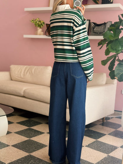 Striped Long Sleeve Collar Cropped Top