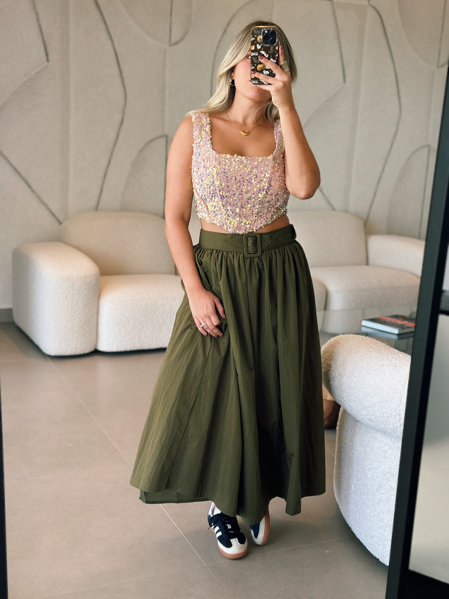 PRE ORDER (final sale/read description) Belted Olive Skirt