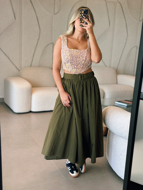 PRE ORDER (final sale/read description) Belted Olive Skirt