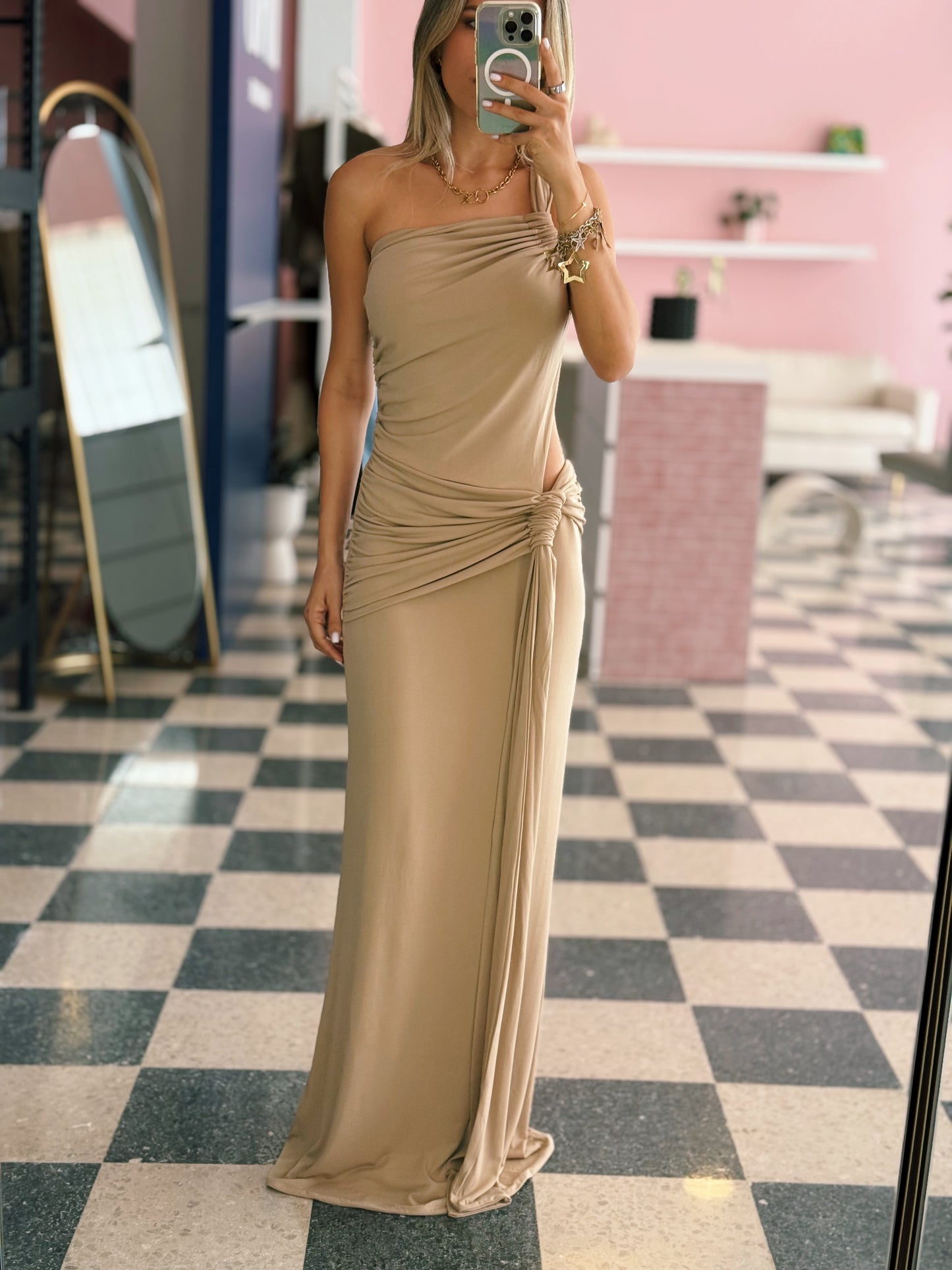Taupe Slinky Maxi Dress