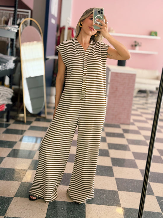 Knit Stripe Wide Leg Button Down Jumpsuit