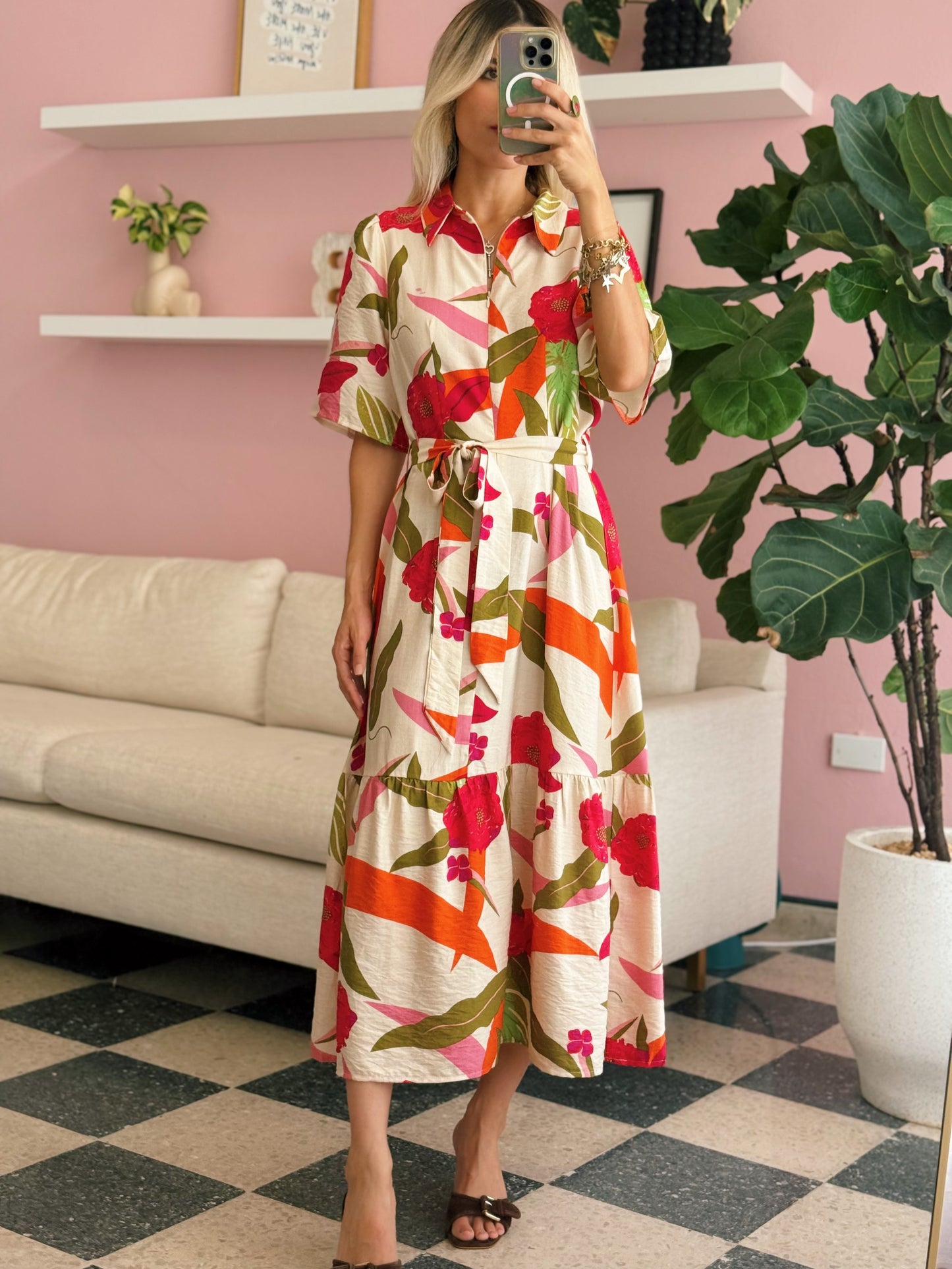 Zipper Front Floral Midi Dress