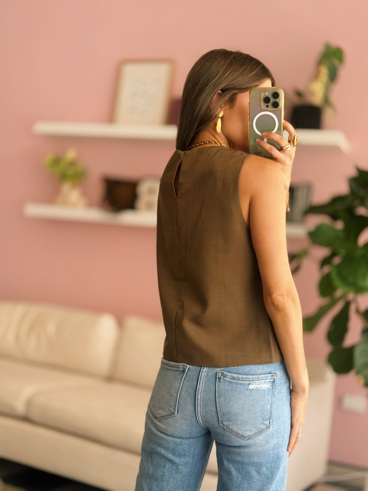 Olive Sleeveless Woven Top With Button Detail