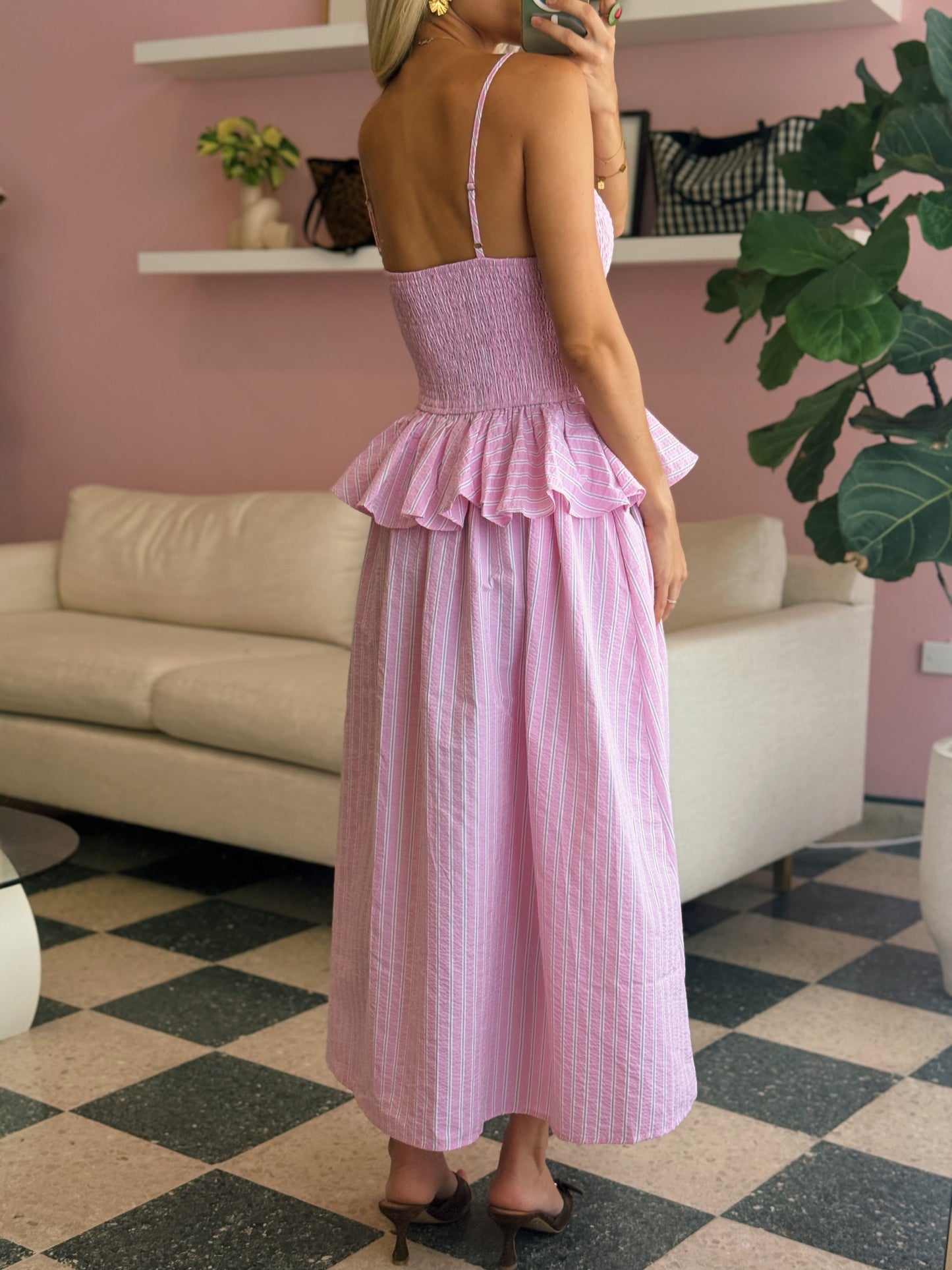 Pink Sunbeam Stripe Smocked Midi Dress