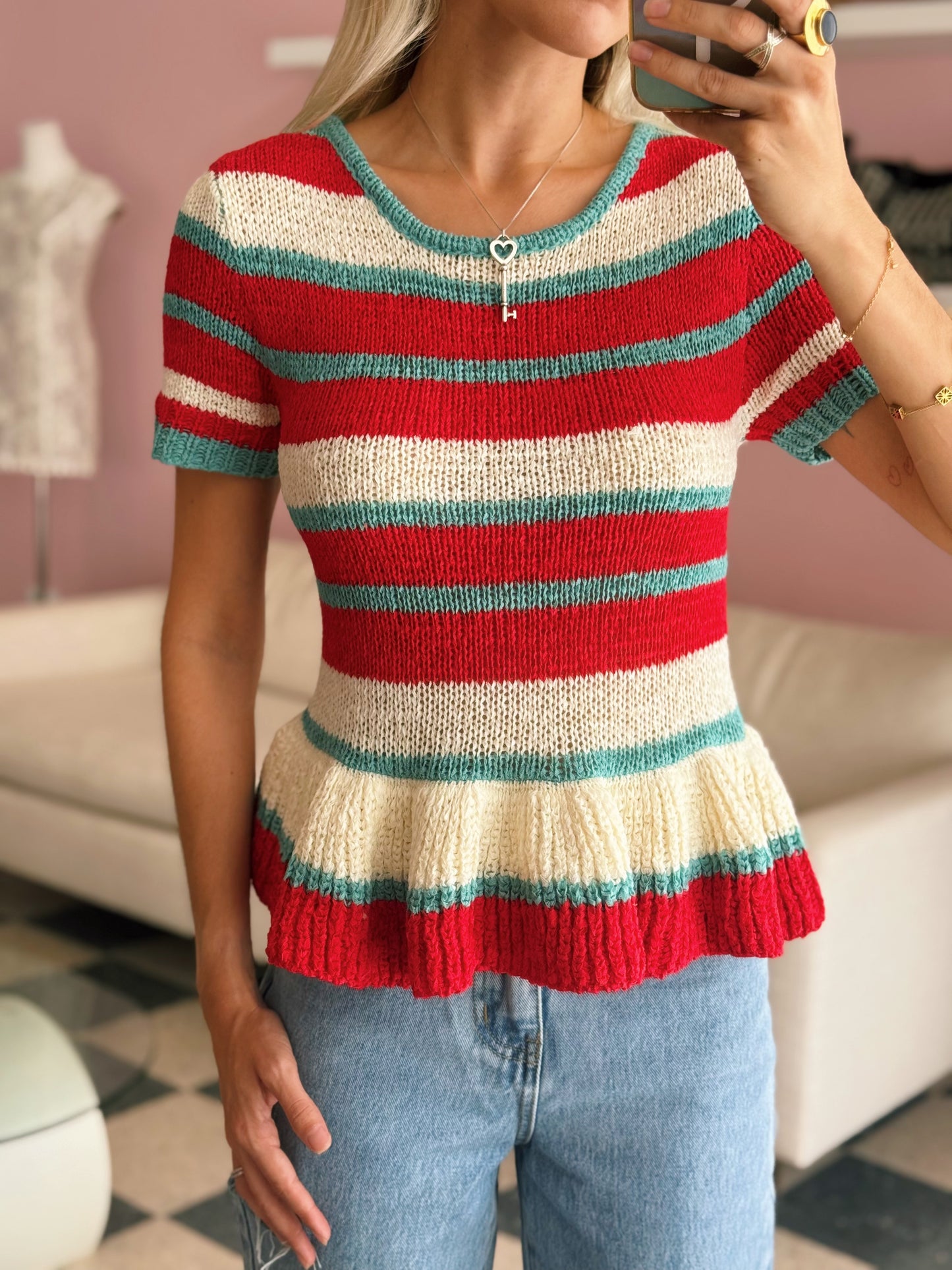 Red Blue Peplum Knit Top