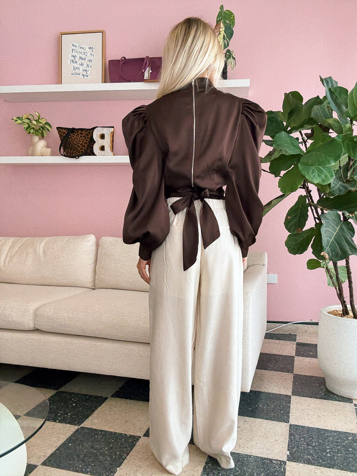 Brown Draped Satin Puff Sleeve Blouse