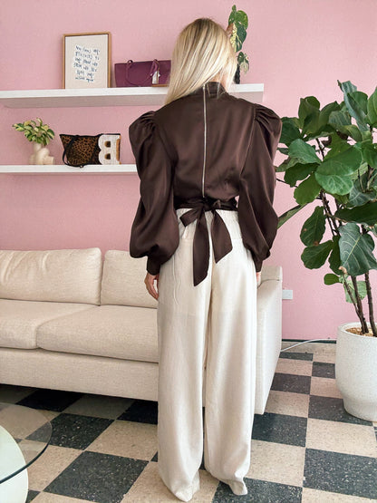 Brown Draped Satin Puff Sleeve Blouse