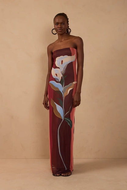 Multicolor Strapless Mesh Maxi Dress