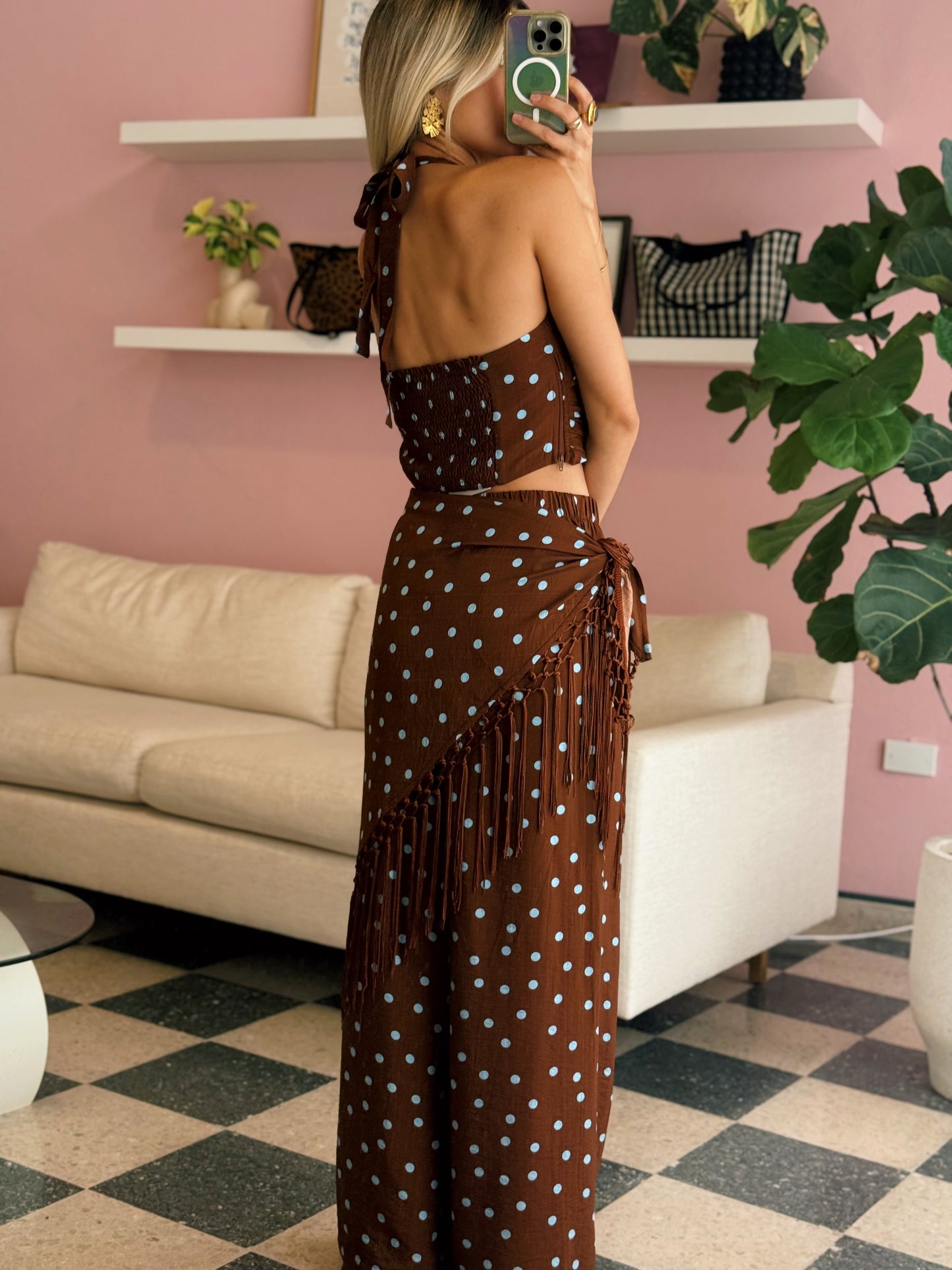 Brown Blue Polka Dot Pants Set