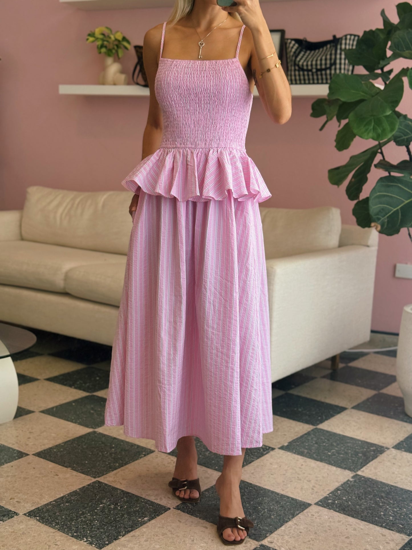 Pink Sunbeam Stripe Smocked Midi Dress
