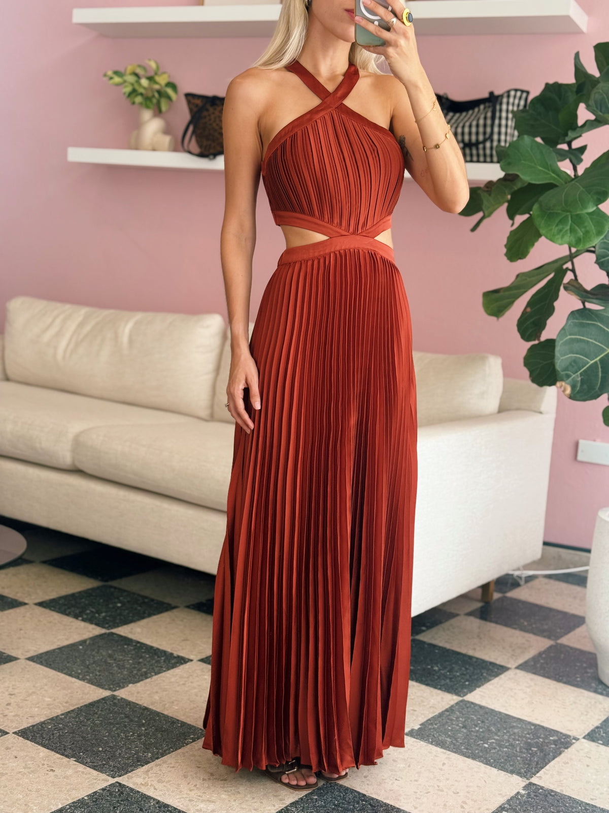 Vera Cutout High-Neck Satin Maxi Dress