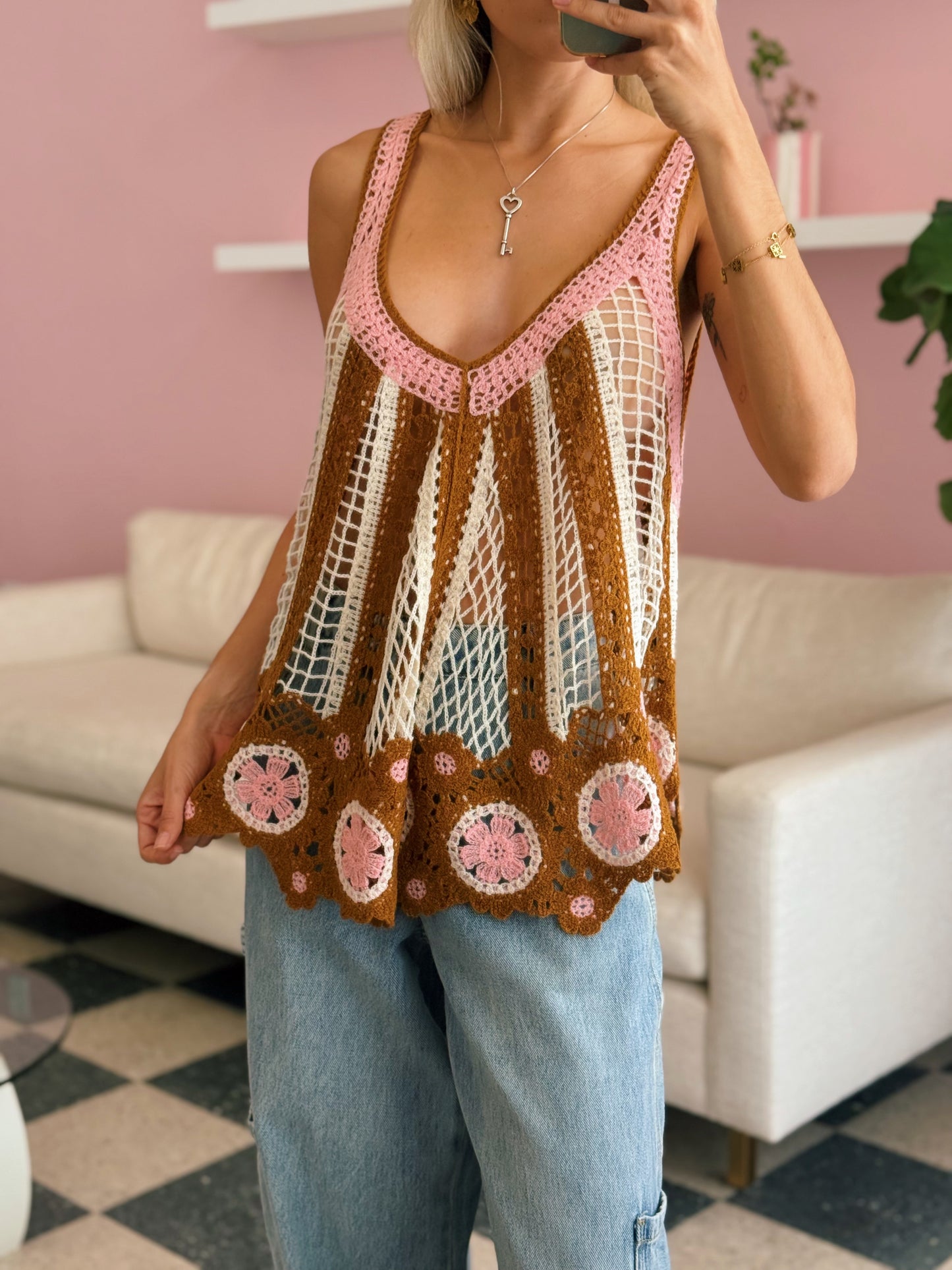 Crochet Brown Pink Top