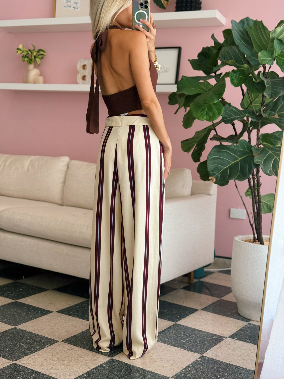 Wine Flap Waist Pockets Wide-Leg Pants - Dress To