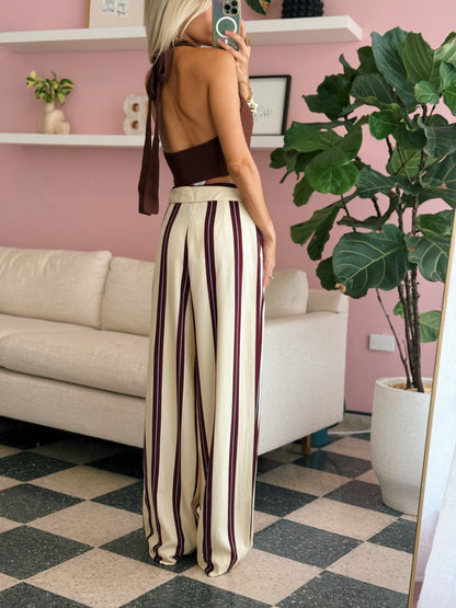 Wine Flap Waist Pockets Wide-Leg Pants - Dress To