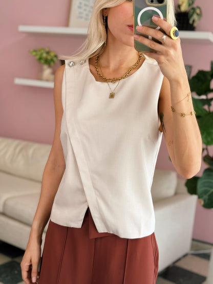 Sleeveless Woven Top With Button Detail