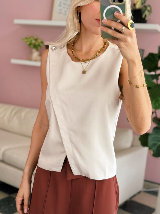 Sleeveless Woven Top With Button Detail