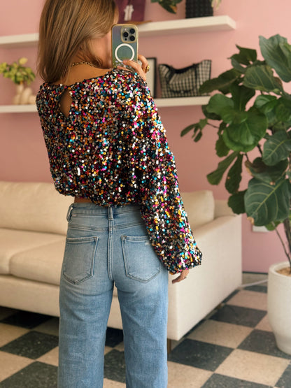Multicolor Sequin Cropped Drawstring Top