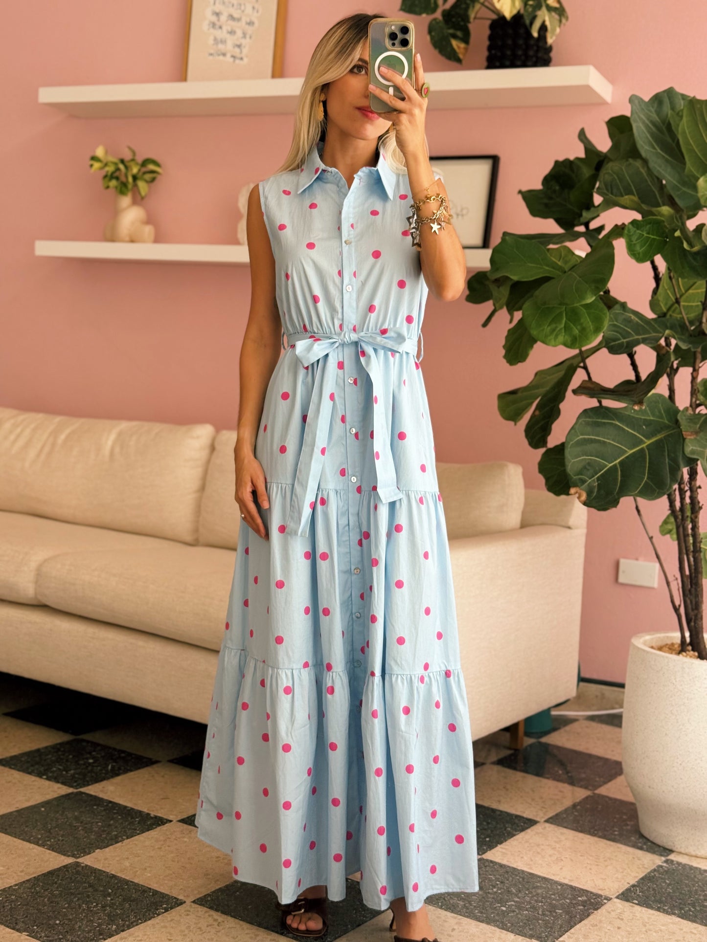 Blue Pink Polka Maxi Dress