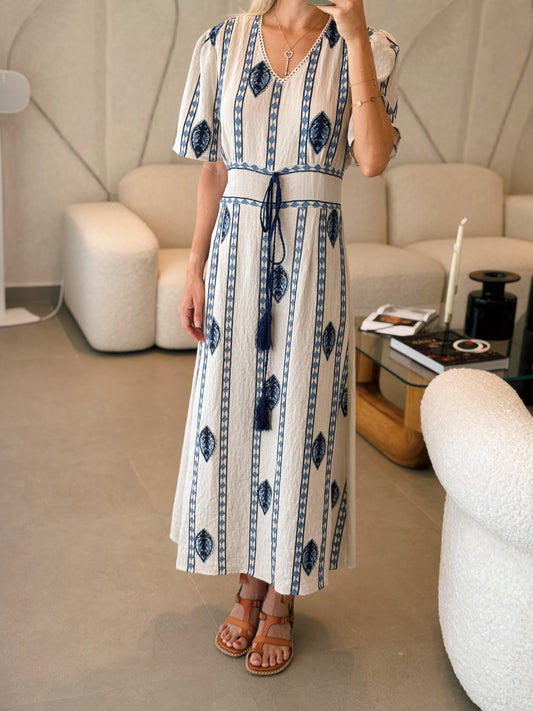 Stripe Embroidered Midi Dress