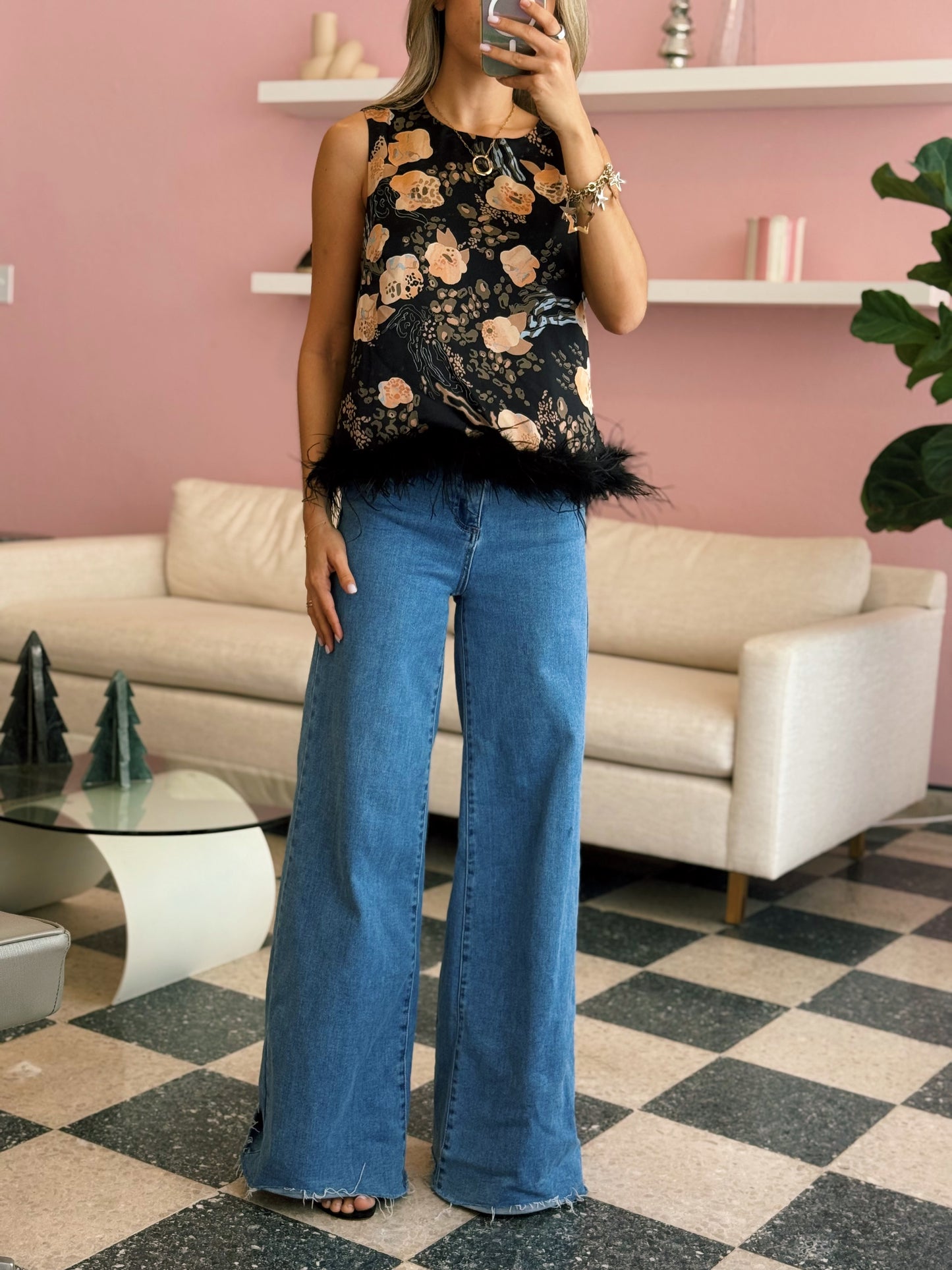 Black Floral Feather Top