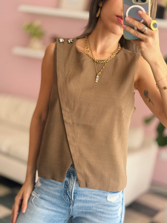 Olive Sleeveless Woven Top With Button Detail