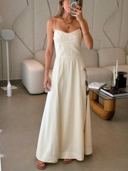 Off-White Embroidered Linen Maxi Dress