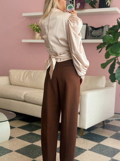 Champagne Draped Satin Puff Sleeve Blouse