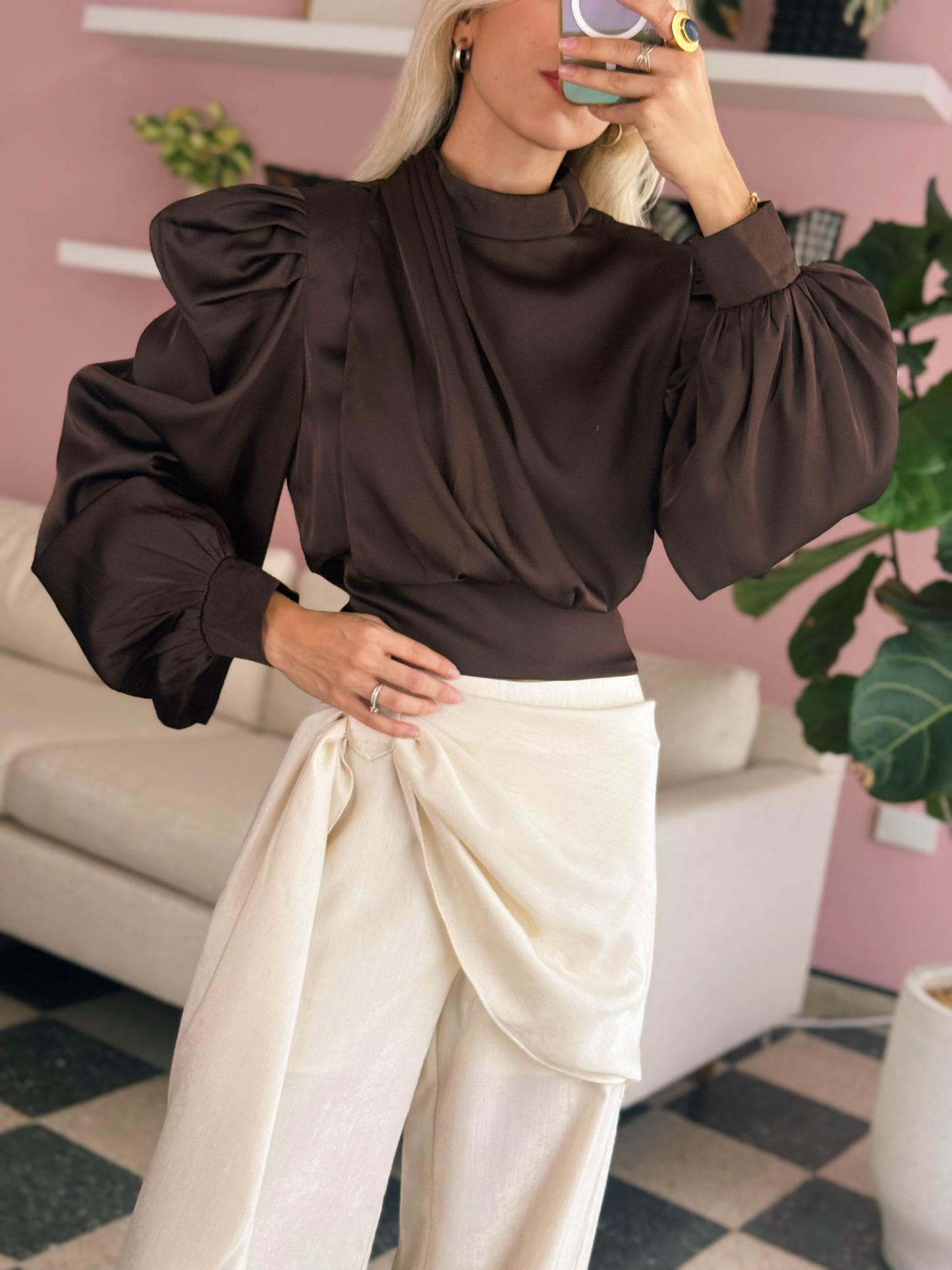 Brown Draped Satin Puff Sleeve Blouse