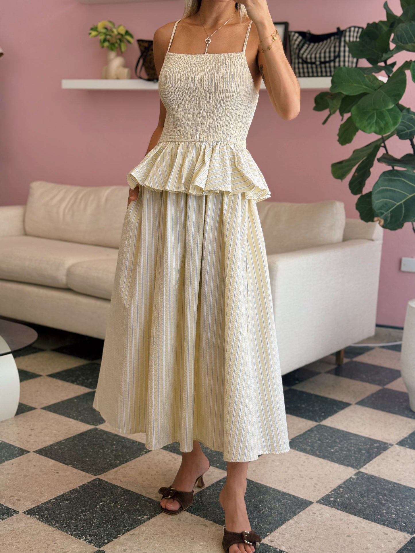 Yellow Sunbeam Stripe Smocked Midi Dress