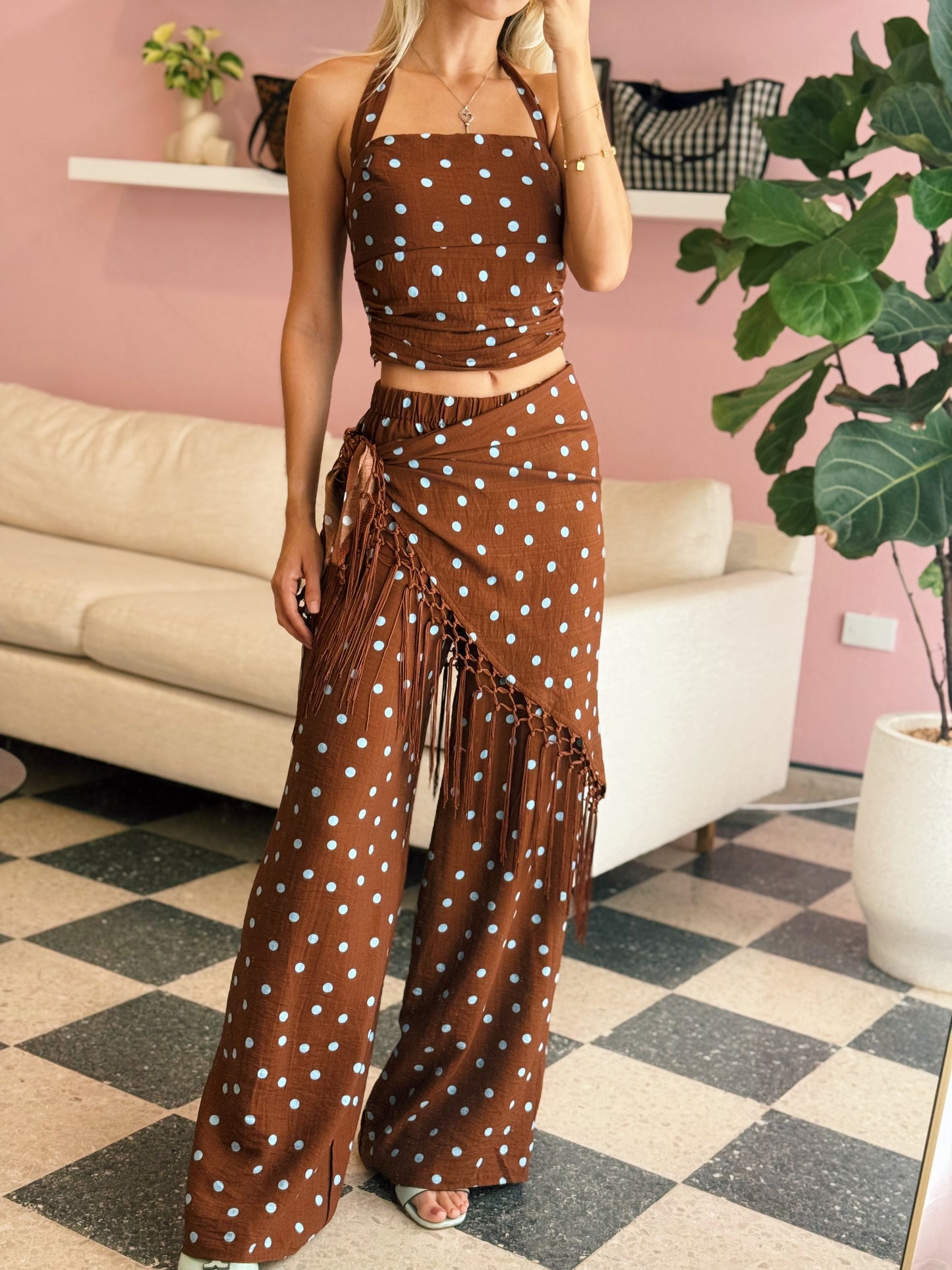 Brown Blue Polka Dot Pants Set