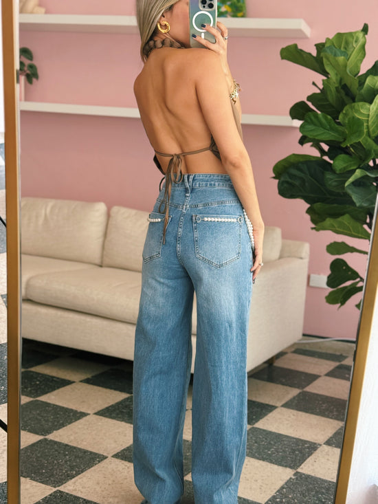 High-rise Wide Leg Jeans With Pearl String
