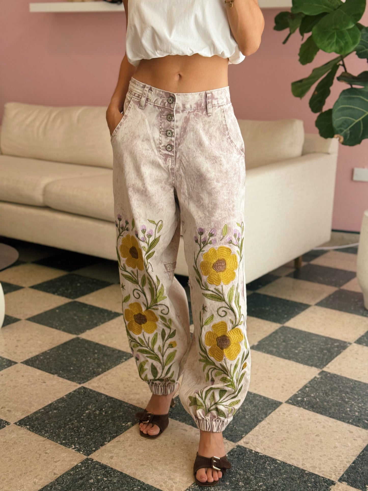 Embroidered Floral Jogger Jeans