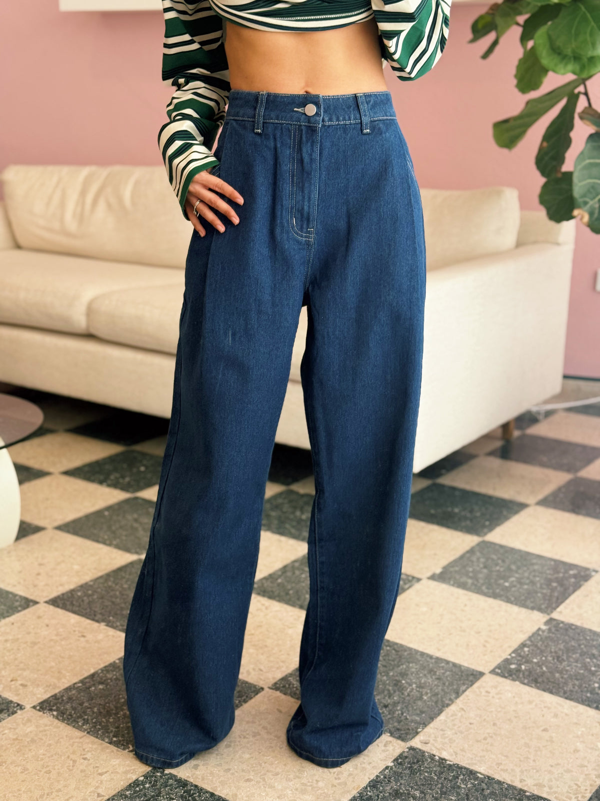 Denim High Waist Pintuck Wide Leg Jean Pants