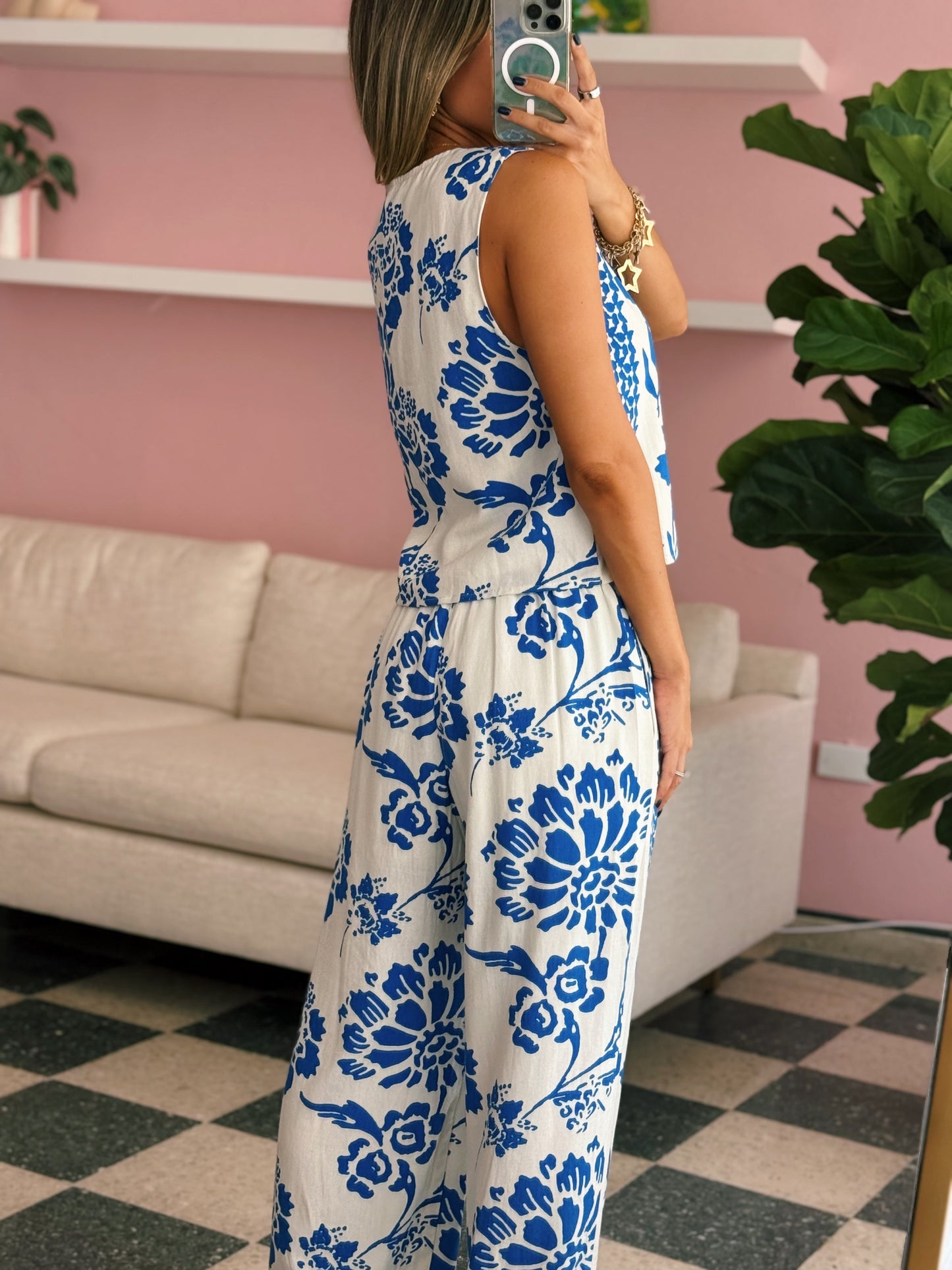 Blue Front Tie Top With Pant Set