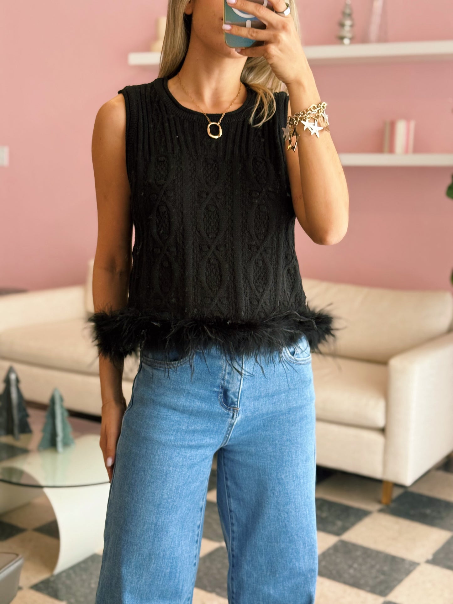 Black Feather Knitted Top