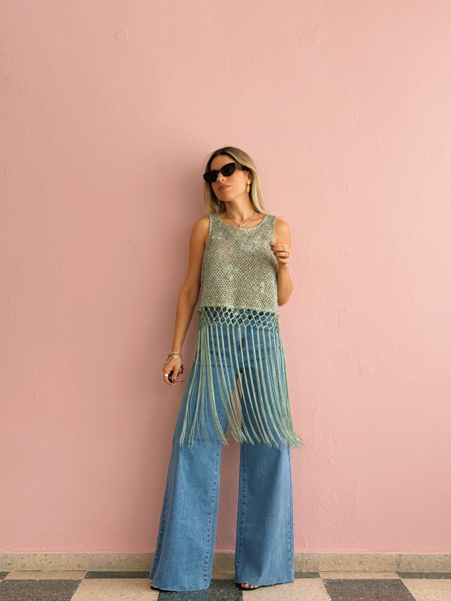 Green Glittery Fringe Top