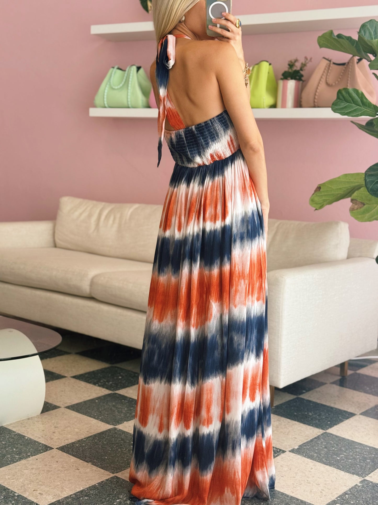Orange Blue Halter Maxi Dress
