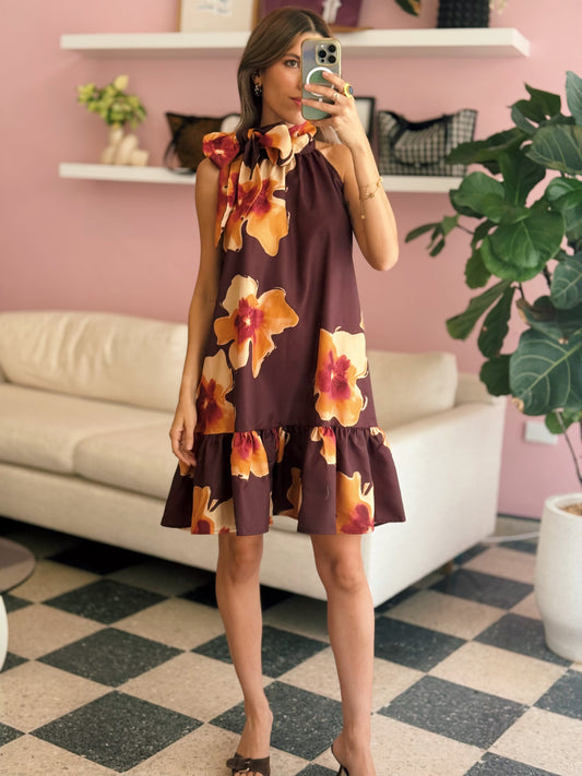 Floral Mini Dress Tie Neck