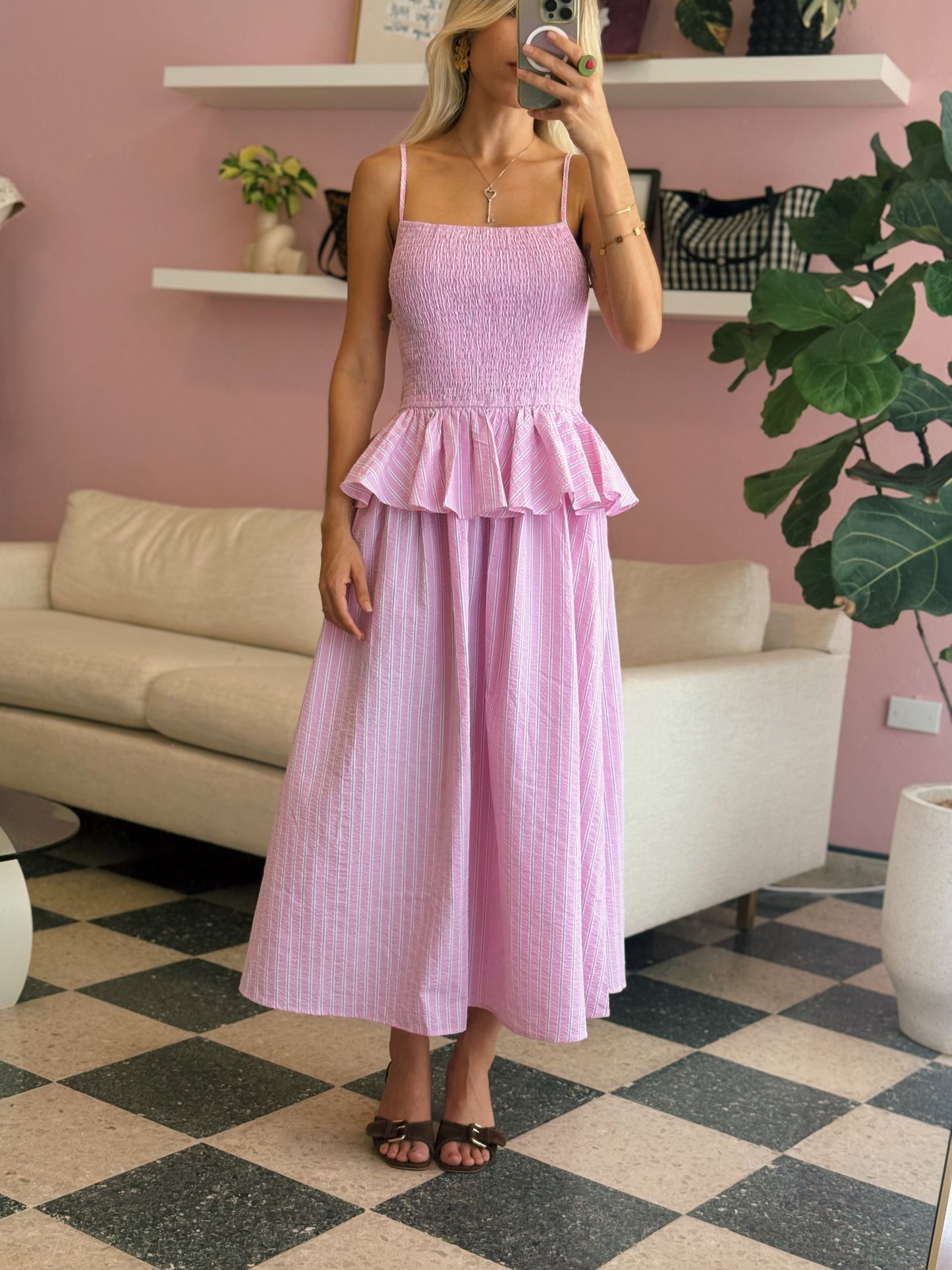 Pink Sunbeam Stripe Smocked Midi Dress