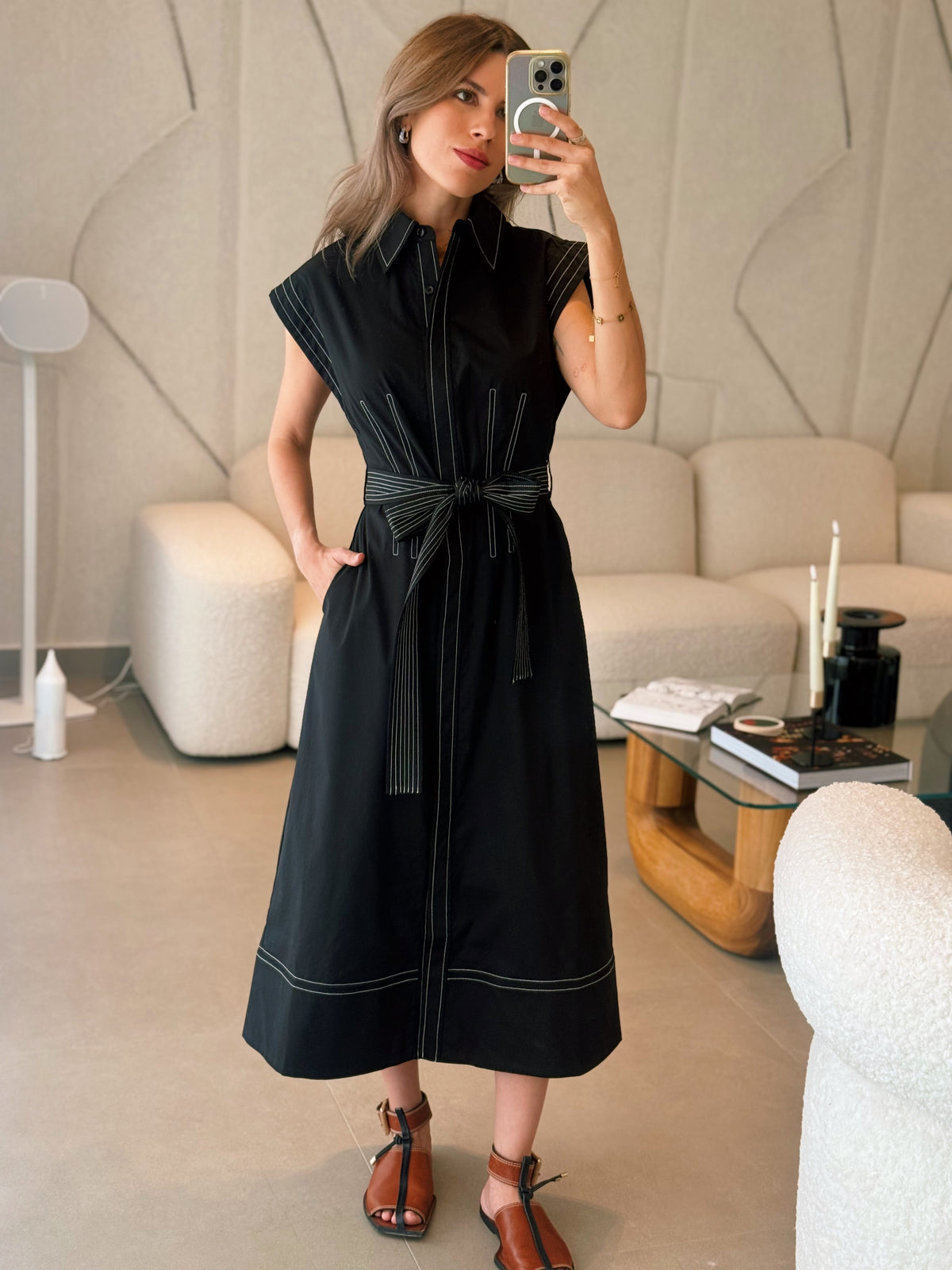 Contrast Stitch Shirt Midi Dress