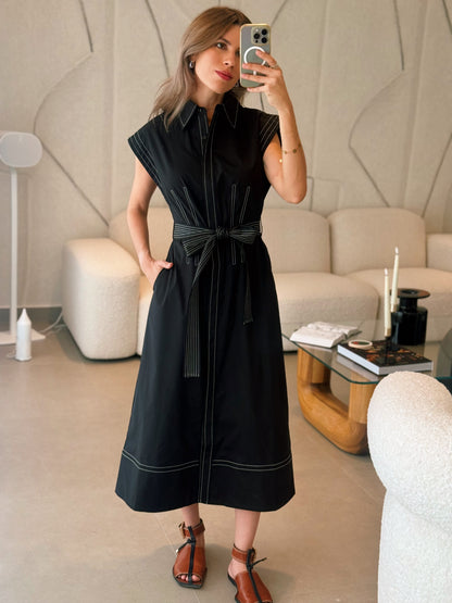 Contrast Stitch Shirt Midi Dress