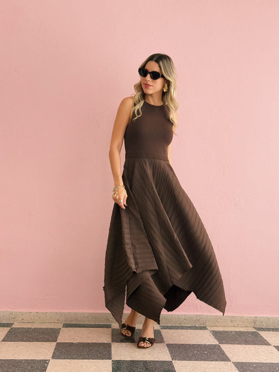 PRE ORDER (final sale/read description) Mocha Asymmetric Midi Dress