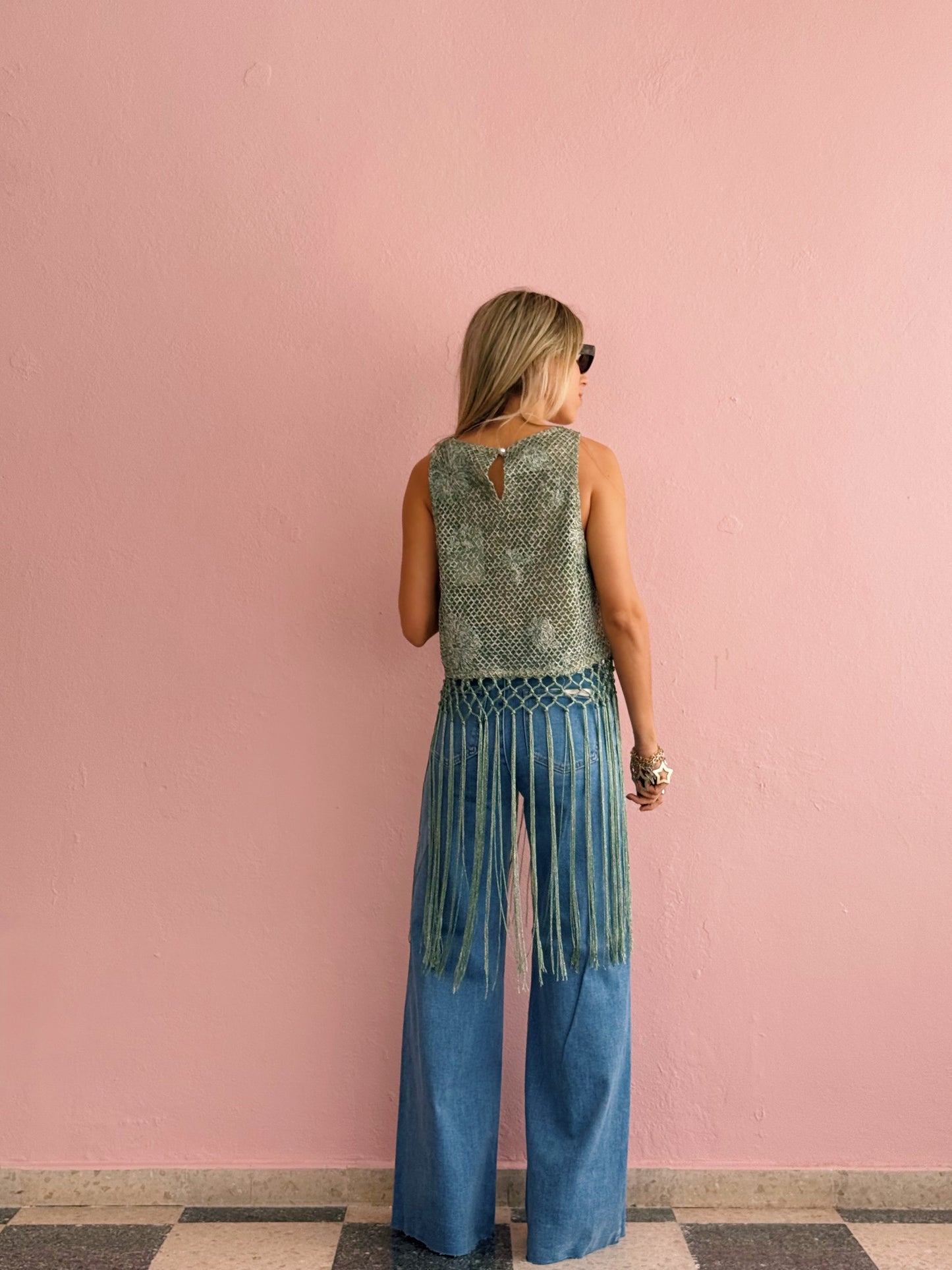 Green Glittery Fringe Top