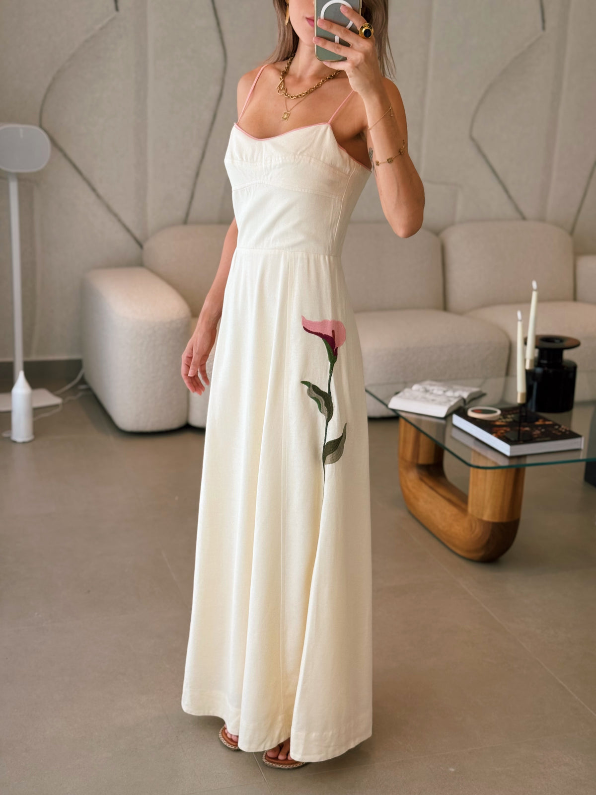 Off-White Embroidered Linen Maxi Dress