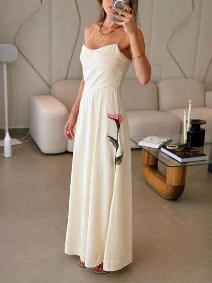 Off-White Embroidered Linen Maxi Dress