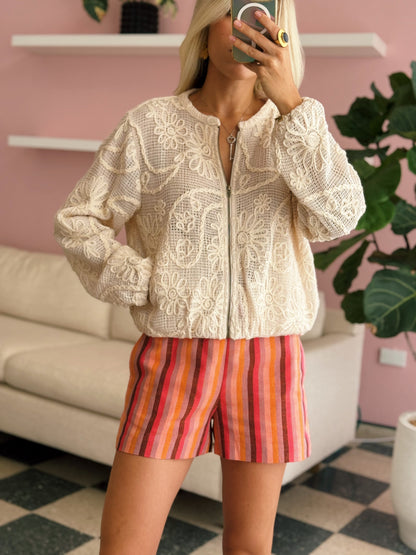 Aeva Embroidered Crochet Bomber Jacket